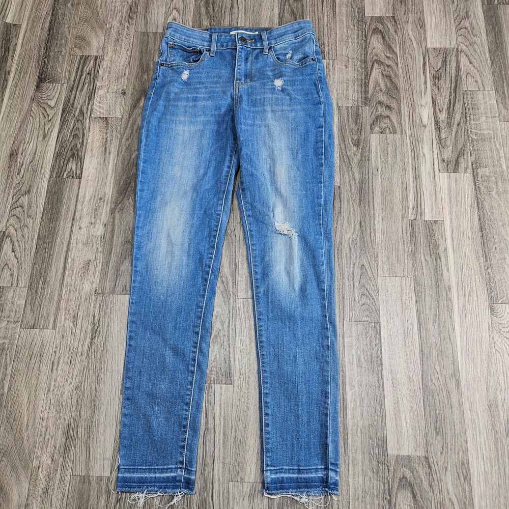 Levi 721 High Rise Skinny Womens 26‎ Blue Distressed Frayed Raw Hem Jeans
